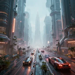 inside an etheral atompunk city with vehicles, highly detailed, 4k, HDR, award-winning, octane render, trending on artstation, volumetric lighting