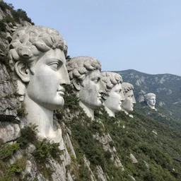 a series of gigantic classical greek concrete human head busts, integrated in the mountains, surrounded by vegetation, perspective shot from the sky, realistic, by origiful, 4 k