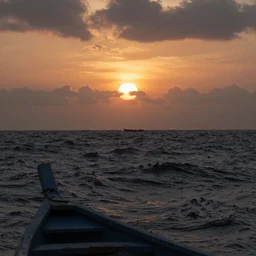 eerie sun setting over stormy sea, photo realistic, hyperreal, bough of boat in foreground