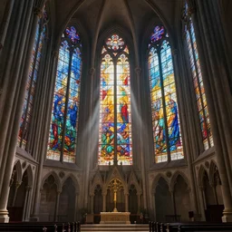 inside a beautiful gothic cathedral, huge stained glass windows, god rays, serenioty, divinity, digital art, landscape, fantasy art, octane render, ureal engine, high detail, very realistic, by greg rutkowski. by james gurney