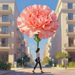 giant carnation flower above head, woman walking between luxury apartments, surreal photography, sunlight, impressionist painting, digital painting, artstation, simon stalenhag