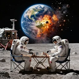 2 astronauts sitting on foldable camping chairs across from each other playing chess on the moon next to their moon base. in space the planet earth violently explodes in many small pieces, high detail, stylized, movie poster, award winning, iconic, trending on artstation