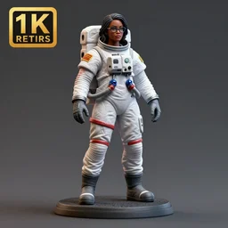 80mm resin detailed miniature of a Female Astronaut, black female, clothed in space suit, glasses , very muscular, black hair, beautiful bone structure, symmetrical facial features, Product Introduction Photos, 4K, Full body,