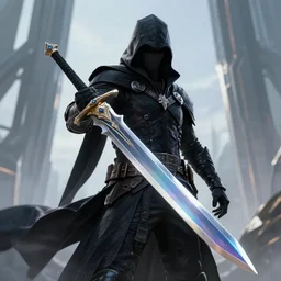 a powerful cloaked assassin character with sharp glossy iridescent sword. megastructure background. epic character, neon, epic fire effect. 4 k octane render, unreal engine 5 render, hyper realistic