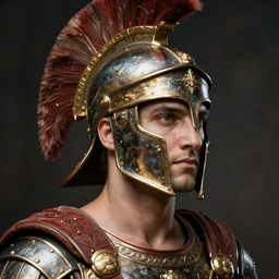 close - up portrait ancient athenian warrior with helmet and armor, art by steve mccurry