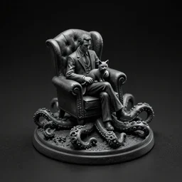 isometric view black resin miniature - howard phillips lovecraft petting cat on his lap, man dressed suit sit in tall leather armchair, circle base as big tentacle with suction cups, black background, octane render, backlight, macroshot, grayscale by greg rutkowski, highly detailed intricate matte sharp focus digital painting artstation pixiv