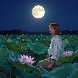 a beautiful picture of moonlight in lotus pond ， by greg rutkowski and thomas kinkade, trending on artstation