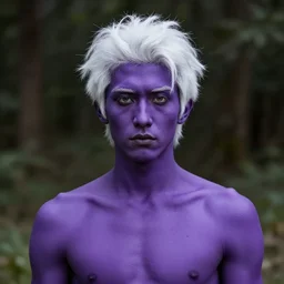 human male with purple skin and white hair