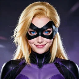 character concept portrait, symmetrical head - on centralized, dinah drake smirking. ( ( domino mask ) ), straight blond hair, blue - eyes, black and purple costume. high quality, dynamic lighting. artwork by artgerm, wlop, alex ross, greg rutknowski, alphonse mucha