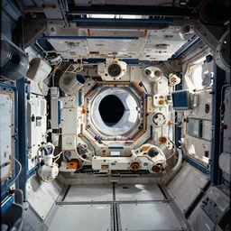interior shot of a space station, analog photography, highly complicated