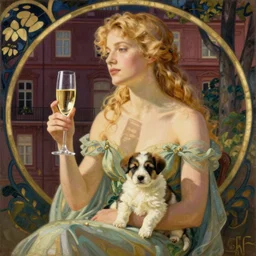 blonde with glass of champagne in her hand and puppy on her lap. bordeaux background. art by mucha