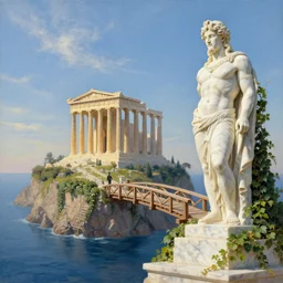 futur Atlantis zeus statue and hill valley grec greeble temple of olympus glory island  little wood bridge painting of tower  ivy plant   in marble  late afternoon light, wispy clouds in a blue sky, by frank lloyd wright and greg rutkowski and ruan jia