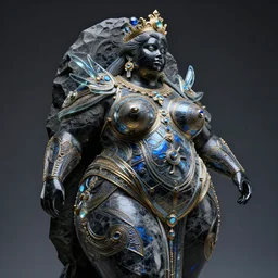 intricate holographic sculpture of futuristic fat curvy black empress, stone and glass, high contrast, blue gold and black, masterpiece