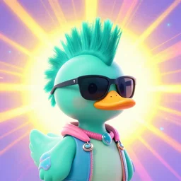 an angelic duck with a turquoise mohawk in vast cyberspace glitching through the sunshine, sunburst background, wearing sunglasses, futuristic clothes, vibrant colors, glitchy, rule of thirds, spotlight, drips of paint, expressive, passionate, by greg rutkowski, by jeremy mann, by francoise nielly, by van gogh, digital painting