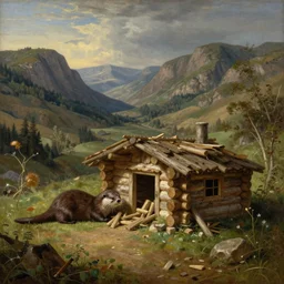 “a renaissance painting of an otter building a log cabin in a valley”