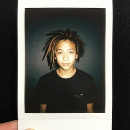 a boy boy with colored dread hair in dark room flash, polaroid effect!!!