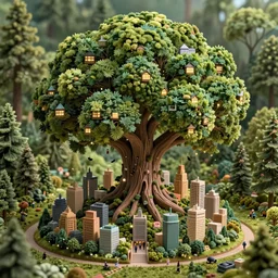 a miniature city built into the trunk of a single colossal tree in the forest, with tiny people, in the style of jesper ejsing, lit windows, close - up, low angle, wide angle, awe - inspiring, highly detailed digital art