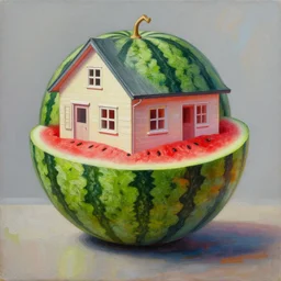 an oil painting of a watermelon carrying a house, photorealistic, 14K HD Quality, Highly Detailed, Vibrant, more coherent, Super High Quality, hyper realistic