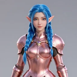 portrait of regal elf with long blue braided hair wearing rose gold breastplate, 3 d render by mandy jurgens, artgerm, jeff easley, and lu ji, centered, artsation contest winner, cgsociety, cryengine, concept art, photorealism, daz 3 d, sketchfab, zbrush, vray : 1 | helmet : - 1