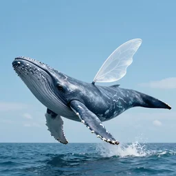 photomanipulation of a huge whale that has tiny fairy wings