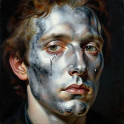 a baroque close - up portrait painting of a mans face dripping in chrome, silver, liquid mercury. deep colors, black background. highly detailed science fiction painting by norman rockwell, moebius, frank frazetta, and syd mead. rich colors, high contrast. artstation