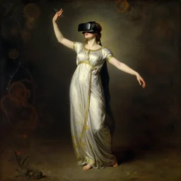 detailed full body of hindu traditional woman blindfolded by high - tech vr headset, girl graceful,, painting by gaston bussiere, craig mullins, j. c. leyendecker, lights, art by ernst haeckel, john william godward, hammershøi,,