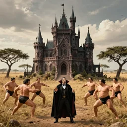 a vampire gothic castle in the middle of a savanna with sumo wrestler dancing around it - n 9