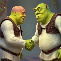 Vin Diesel Shakes hands with Shrek, intricate, stunning, highly detailed, digital painting, artstation, concept art, smooth, sharp, focus, illustration, art by artgerm and greg rutkowski and alphonse mucha