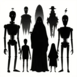 silhouettes of grim reaper robots by masaaki yuasa, mixed media shape design