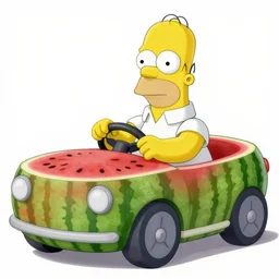 homer simpson driving a watermelon car, realistic photograph, car, watermelon