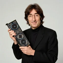 commercial depicting John Lennon holding a graphics card and smiling to the camera, 80s commercial