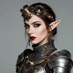head and shoulders portrait of a female knight, elf, steampunk, vogue fashion photo