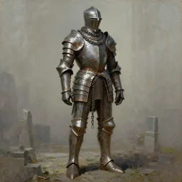 mausoleum knight, wearing a chained rusty ancient plated armor, headless, gritty, full body concept, by beksinski, weta workshop concept art, ruan jia, edward hooper, oil painting