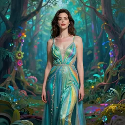 surreal Anne Hathaway covered in chromatic distortions standing in mysterious place, beautiful, pscychodelic, trending on artstation, artwork by Hughes, Edward Robert