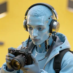 hyperrealist highly intricate neo-modern portrait light blue pearlescent a cyberpunk black man at 20s with robot eyes, short hair, tiny thin mustache, thin face, wearing headphones, holding a big camera, concept art pascal blanche key sage dramatic yellow lighting 8k high angle shallow depth of field