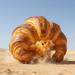 a giant croissant monster exploding in the middle of a desert, photorealistic, ultra high resolution, ultra detailed
