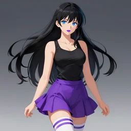 beautiful anime woman with long black hair, blue eyes, purple lipstick, wearing a black tanktop, a purple skirt and white long socks with purple stripes, digital art, fantasy art