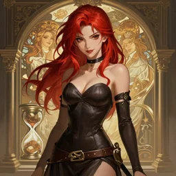 rogue anime girl, hourglass slim figure, redahair and attractive features, dungeons and dragons portrait, seductive smile, highly detailed, digital painting, artstation, concept art, sharp focus, illustration, art by artgerm and greg rutkowski and alphonse mucha