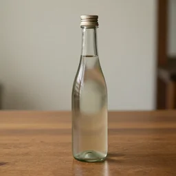 a curvy bottle in front of a wooden table