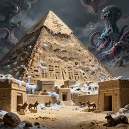 carved symbols on icy wall of pyramid, sand stone floor, giantic dungeon, scarabeys, egypt glifs, mountains of madness, evil fluid, tentacles, creepy, by greg rutkowski