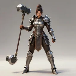 female warrior with spiky armour holding a mace,