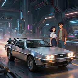 DeLorean from Back to the Future, by Makoto Shinkai and Thomas Kinkade, science fiction matte painting, trending on cgsociety and unreal engine，light effect，highly detailed，super wide angle，