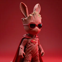 rabbit groot as marble statue, red sunglasses, in red background, soft red texture, red realistic 3 d render, high red lights, 4 k, high detailed photography red, 5 0 mm lens, rich red colors, smooth gradients, depth of field, cinematic, wearing superhero cape