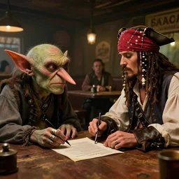 a goblin with a large nose and a pirate with a bandana negotiating a contract with Jared Leto in a Western saloon. aesthetic octane render, 8K HD Resolution, by ilya kuvshinov and Cushart Krentz and Gilleard James