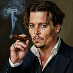 portrait of johnny depp as a mafia boss, smoking a cigar, no hands showing, amazing detail, award winning, realism painting