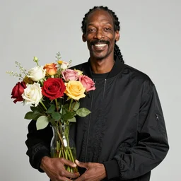 Snoop Dogg grinning while holding a Vase of flowers for a 1990s sitcom tv show, Studio Photograph, portrait, evil grin C 12.0