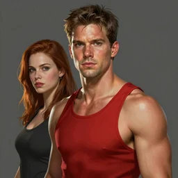 A man woman who looks like a mixture between Alexander Ludwig, Jensen Ackles and young Michael Biehn, wearing red tank top, scifi, highly detailed portrait, digital painting, artstation, concept art, smooth, sharp foccus ilustration, Artstation HQ.