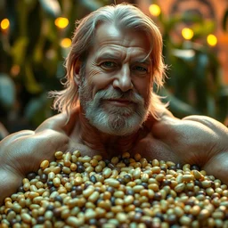 ellen covered in beans beside hulk hogan, volumetric lighting, ultra low angled shot
