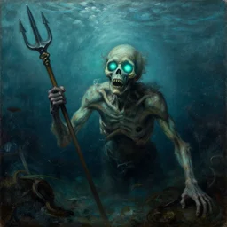 painting by gustave dore of a drowned zombie with!! glowing cyan eyes!!, holding a trident, underwater