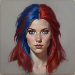 A detailed matte oil on canvas head on symmetrical portrait of a distinguished elven woman with red and blue hair on an empty background,  by Charlie bowater, Wlop, trending on artstationhd,  dungeons and dragons art,  half & half hair dye, parted, split dye, critical role